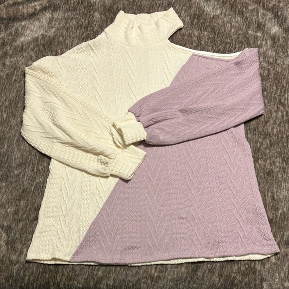Macaron Light-Weight Textured Color Block Sweater One Cold Shoulder - Picture 1 of 5